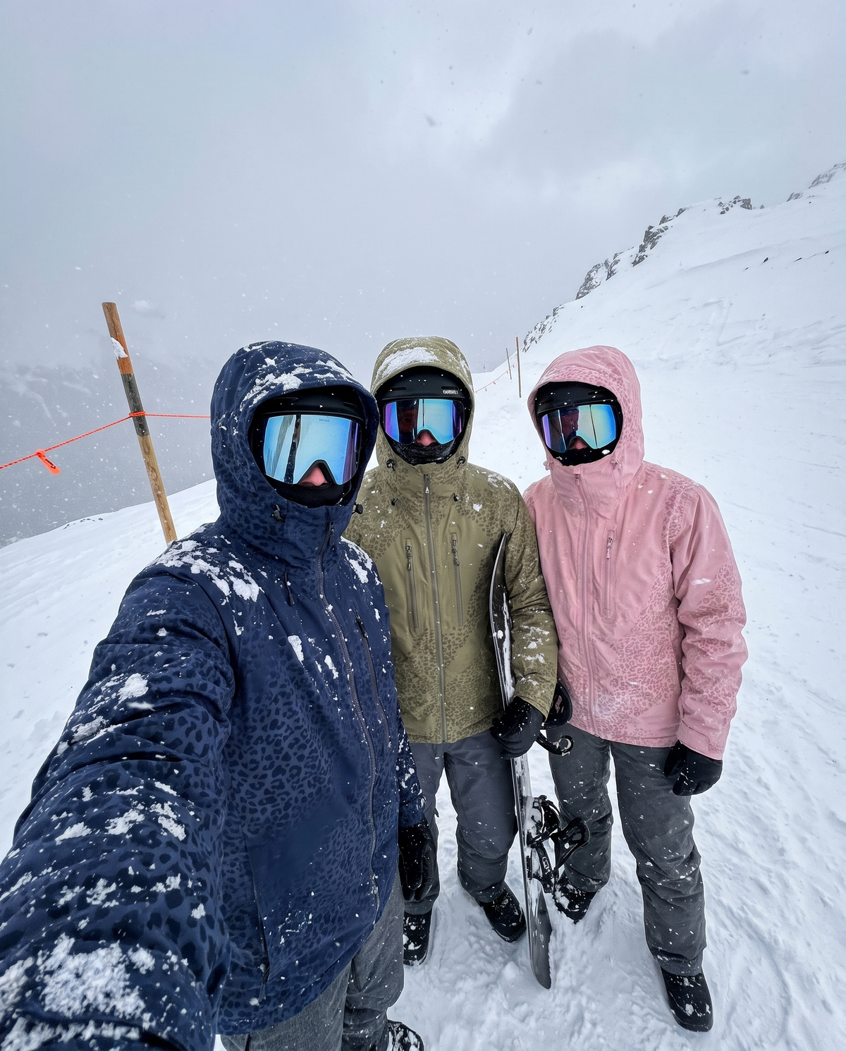 Catshift jackets in olive, navy and pink with the cheetah print showing in the snow