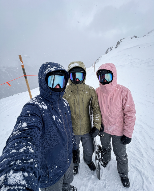 Catshift jackets in olive, navy and pink with the cheetah print showing in the snow