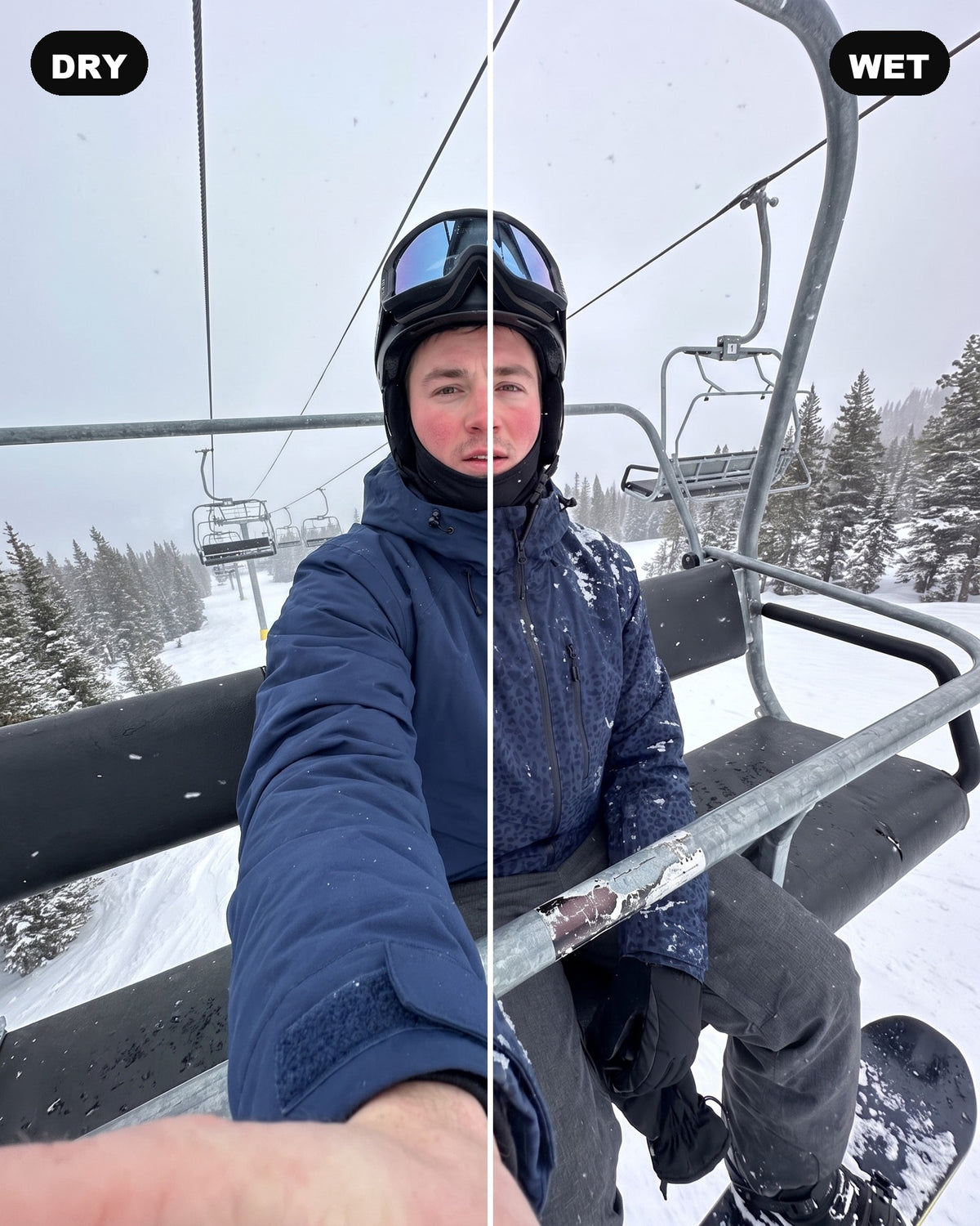 Navy Catshift jacket before and after: dry and wet on a chairlift