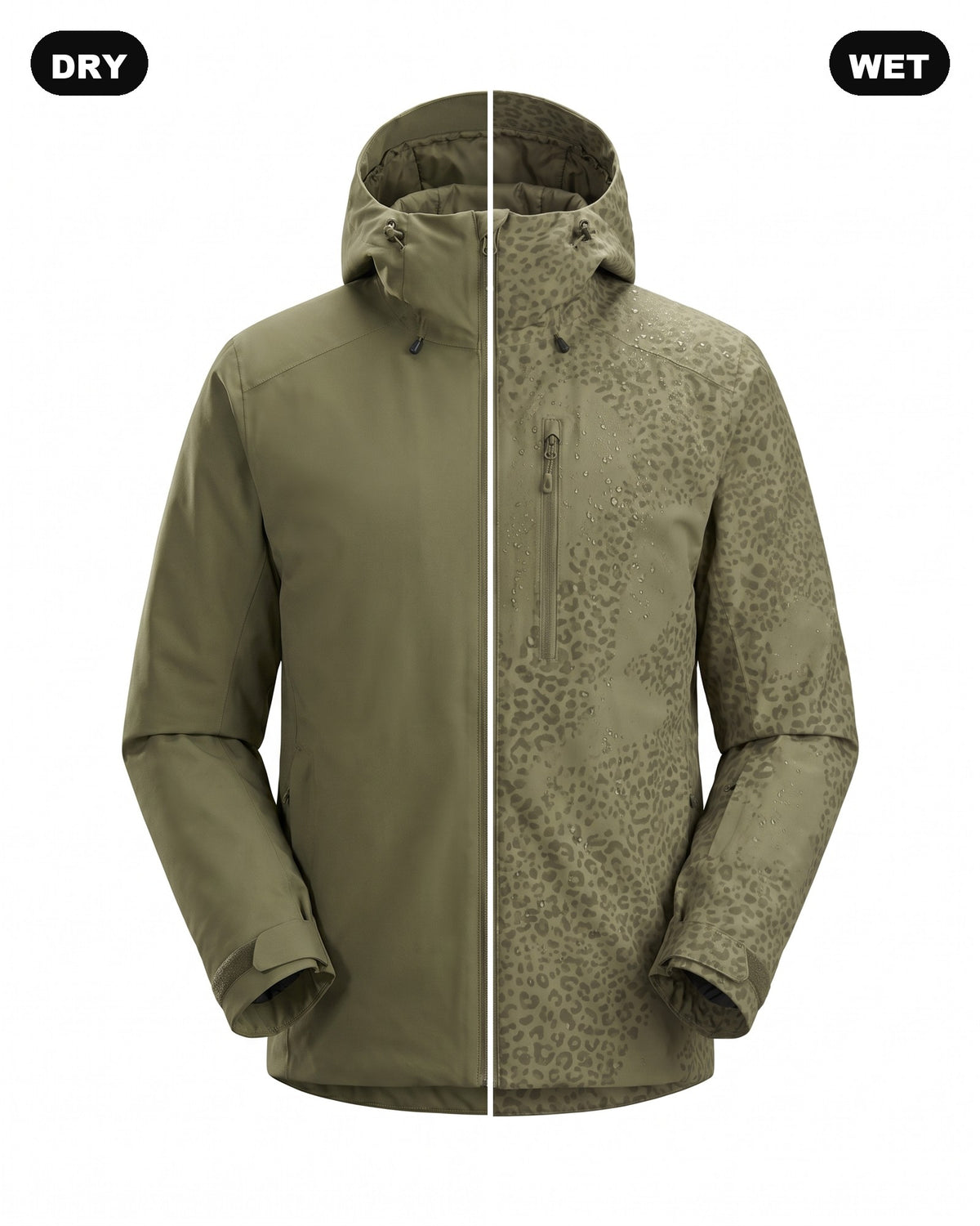 Olive Catshift jacket, dry and wet